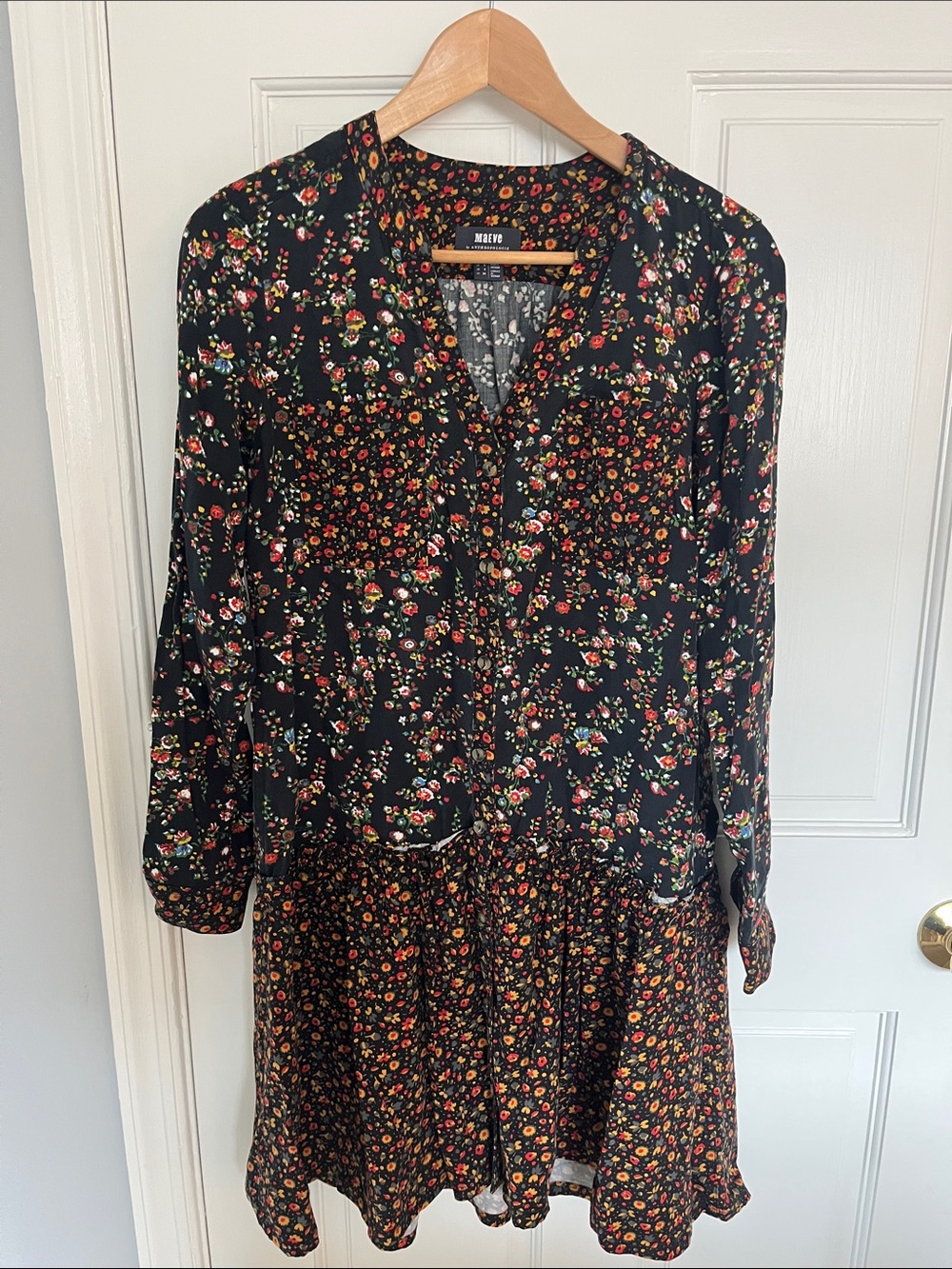Maeve Black Floral Button-Front Long Sleeve Tiered Dress